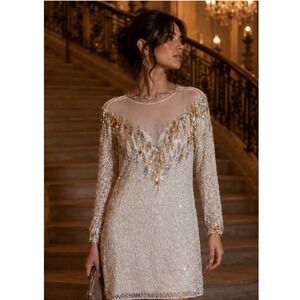 Nite Line Silk Sequin Bead Mini Dress White Gold Silver Vintage‎ Size 6